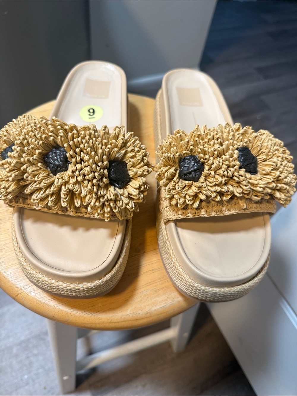 Dolce Vita Beige Raffia Slide Sandals with Black Flower Centers